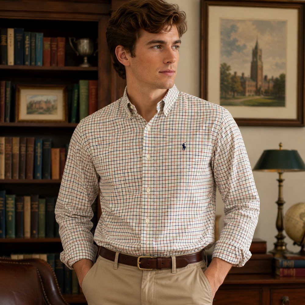 Ralph Lauren Mens Custom Fit Plaid Check Cotton Shirt Sz L Pony Old Money Preppy